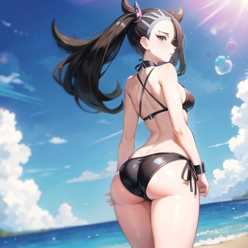1girls, ai generated, ass, bikini, black bikini, black hair, female, marnie (pokemon), pokemon