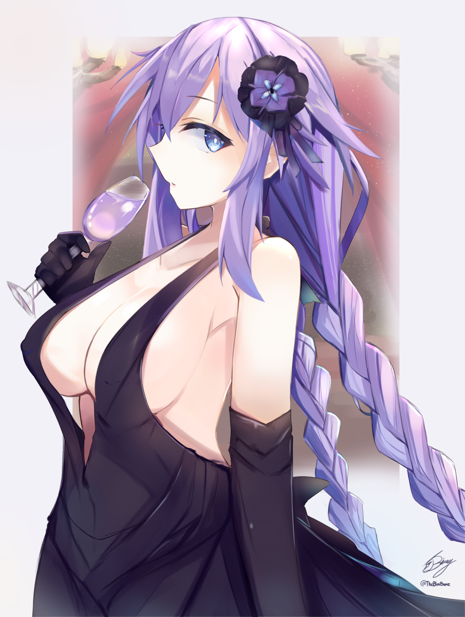 1girls bimmy black_dress blue_eyes braided_hair braids breasts choujigen_game_neptune dress drink gloves hair_ornament holding_object inner_sideboob long_hair neptune_(neptunia) neptunia_(series) purple_hair purple_heart_(neptunia) side_view sideboob solo_female wine_glass