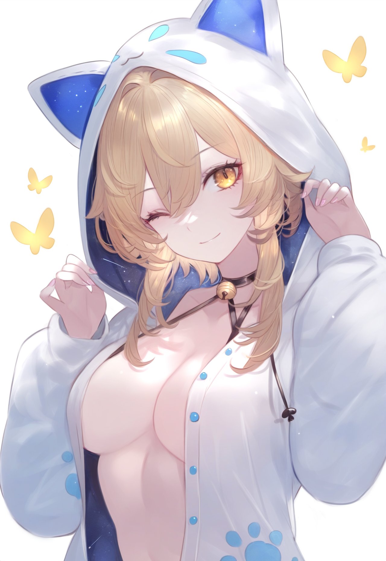 blonde hair, cat girl, catgirl, cleavage, cute, female, genshin impact, hoodie, lumine (genshin impact), open clothes, solo female, wink