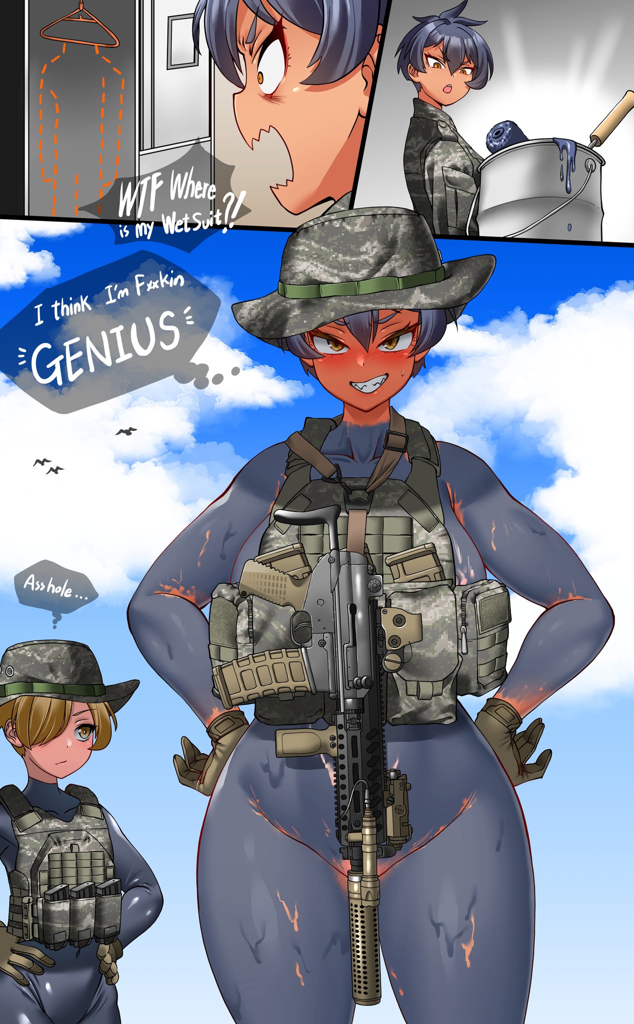 blush, bodypaint, breasts, camo, convenient censoring, convenient censorship, female, gun, hitch (hitch driessen/perotoss400/kirochef), naked, naked female, nude, nude female, paint, painted clothes, rokmc chan, tactical nudity, tagme, text, weapon