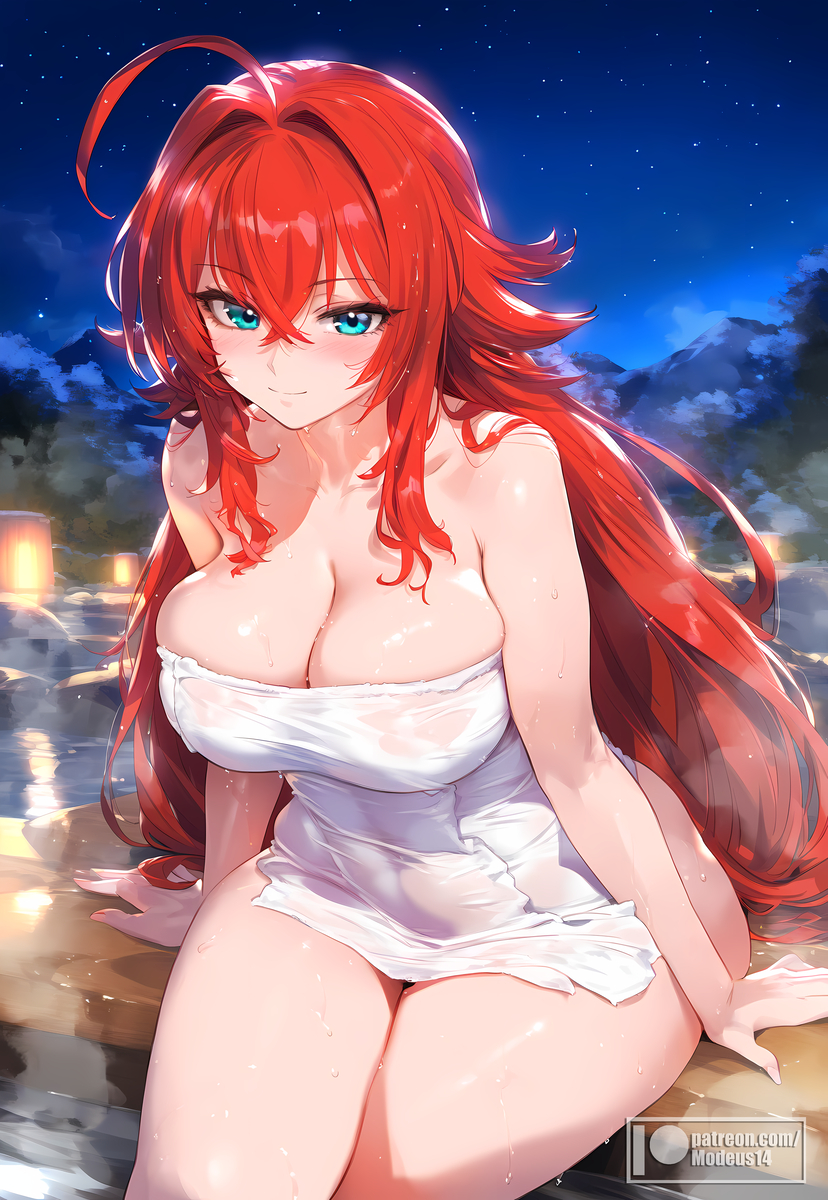 1girls, ai generated, bare arms, bare legs, bare shoulders, bare thighs, big breasts, blue eyes, blush, breasts, clothed, clothing, color, female, female focus, female only, hi res, high school dxd, hot spring, large breasts, light skin, light-skinned female, looking at viewer, modeus14, red hair, rias gremory, solo, solo female, tagme, thick thighs, towel, wet