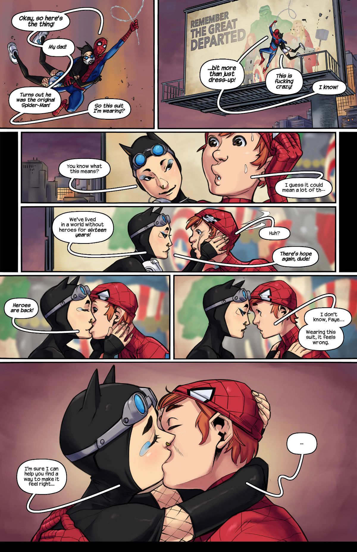 1boy 1girls asian_female bayushi ben_parker benjy_parker faye_ito ginger ginger_hair kissing marvel marvel_comics nose_piercing red_hair spider-man spider-man_(series) text text_bubble tracyscops