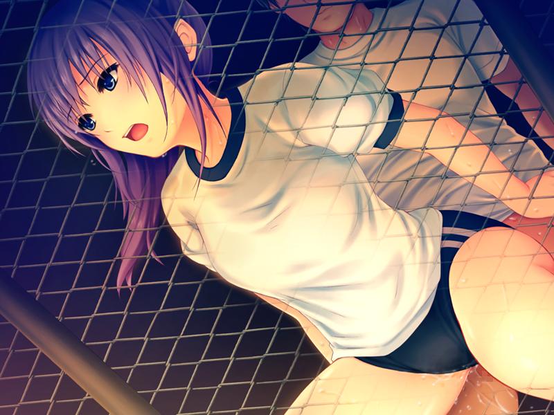 buruma chain-link_fence coffee-kizoku cum cum_inside dutch_angle fence from_behind game_cg gym_uniform marble_bloomers open_mouth outdoors purple_hair reverse_cowgirl_position sex straddle sweat vaginal_penetration