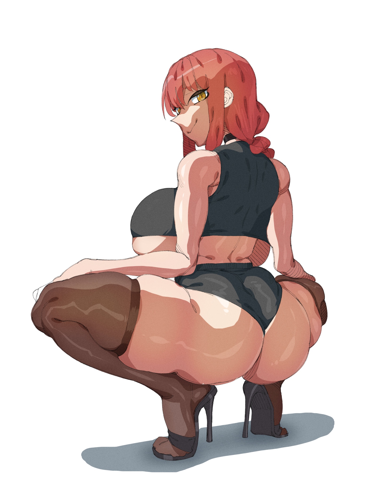 1girls, ass, back view, big ass, big breasts, breasts, chainsaw man, choker, clothing, female, female only, hazel eyes, heels, high heels, looking at viewer, makima (chainsaw man), makinakid, sideboob, simple background, smiling, smiling at viewer, squatting, white background