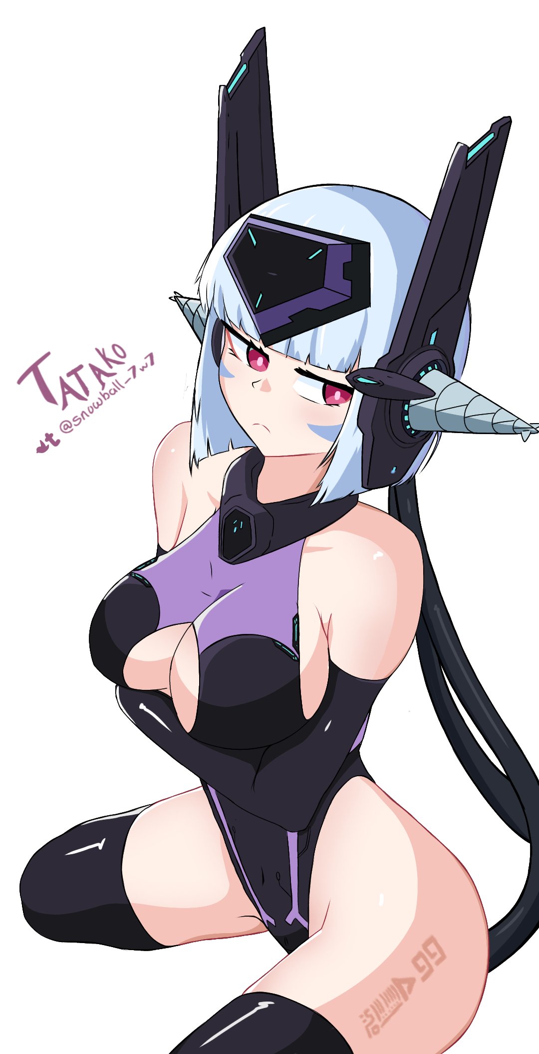 android_mk.99_(guardian_tales) black_legwear blue_hair bob_cut boob_window facial_markings female guardian_tales headgear leotard light_blue_hair mk.99_(guardian_tales) red_eyes robot short_hair tatako-rine tattoo_on_thigh