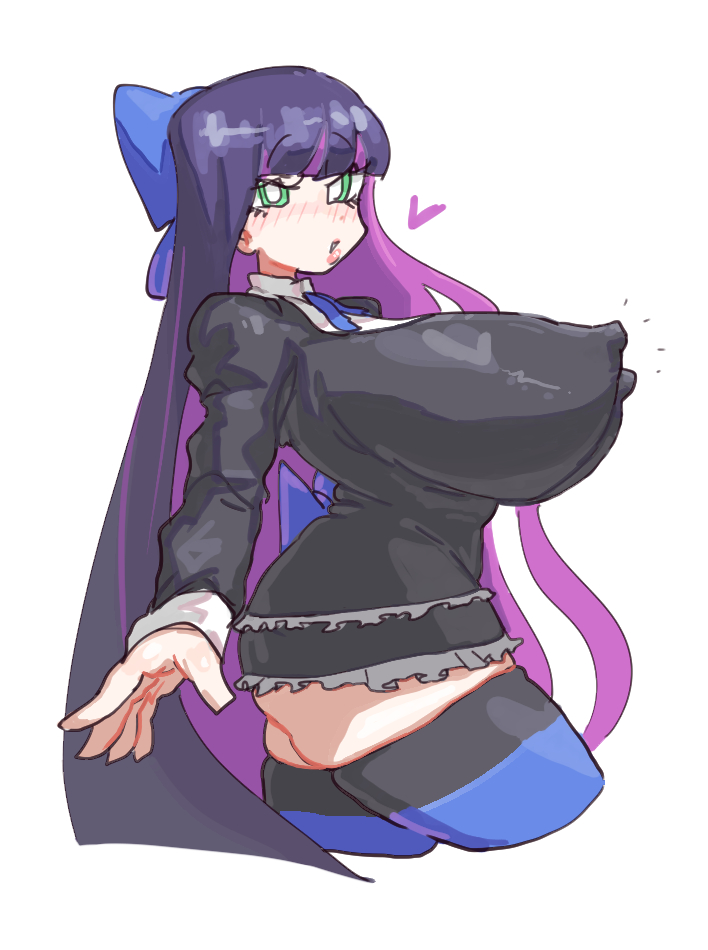 1girls, bangs, black dress, blue bow, blush, blush lines, bow, bow in hair, breasts, erect nipples, female, green eyes, hair bow, hairbow, heart, huge breasts, large breasts, leebongchun, lolita fashion, long hair, long sleeves, minidress, miniskirt, nipple bulge, nipples, nipples visible through clothing, panty & stocking with garterbelt, purple hair, ribbon, side view, solo, stocking anarchy, straight hair, striped thighhighs, thighhighs, two-tone hair, very long hair, white background