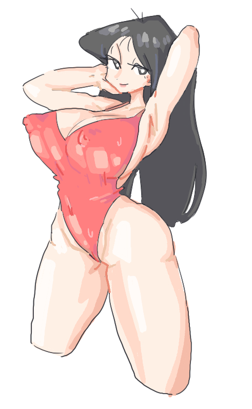 1girls ahoge armpits arms_up black_eyes black_hair bodysuit breasts cameltoe cleavage crayon_shin-chan erection_under_clothes female highleg human large_breasts leebongchun long_hair nipple_bulge nipples nipples_visible_through_clothing one-piece_swimsuit pale-skinned_female pale_skin red_bodysuit red_swimsuit solo straight_hair swimsuit teacher thick_thighs ume_matsuzaka wide_hips