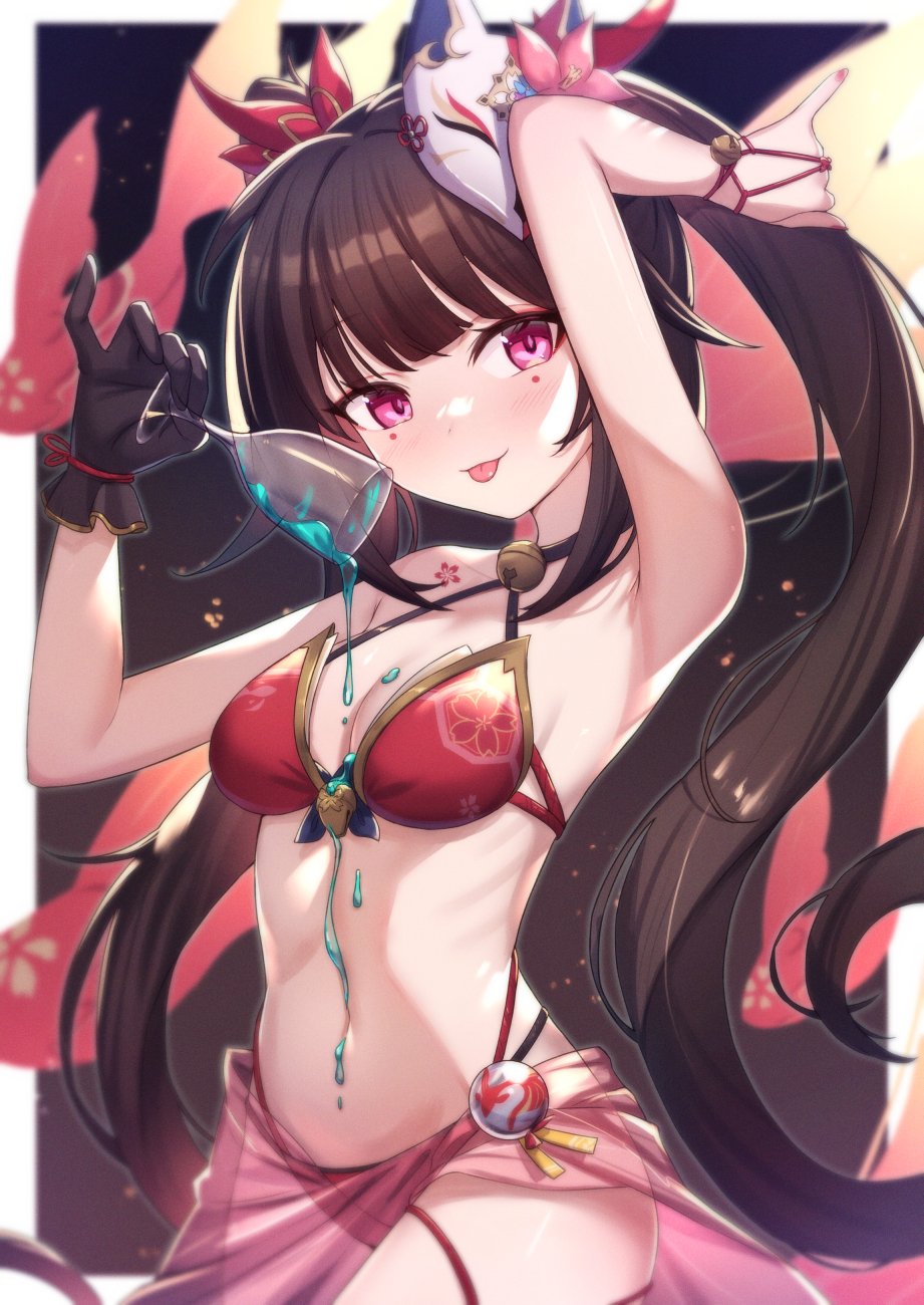 1girls, alcohol, armpits, bikini, brown hair, color, d4710030, digital media (artwork), facial markings, female, gloves, hair ornament, honkai: star rail, light skin, light-skinned female, markings, mask, pink eyes, pinup, pouring, pouring on self, single glove, sparkle (honkai: star rail), teasing, teasing viewer, tongue, tongue out, twintails
