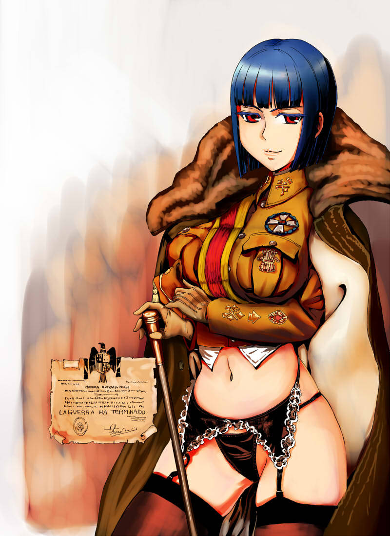 blue_hair cosplay history huge_breasts medal military_uniform panties partially_clothed red_eyes spain stockings