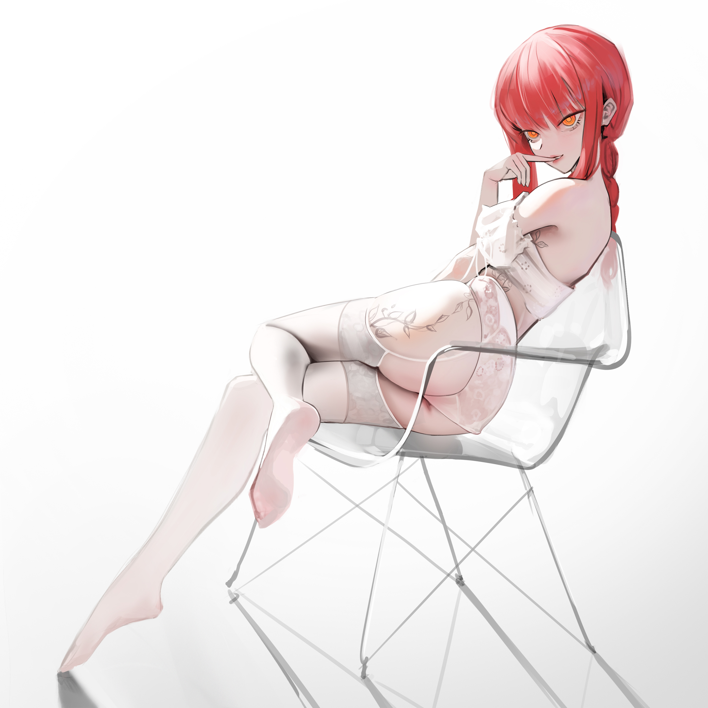1girls, bra, braid, braided ponytail, breasts, chainsaw man, chair, female, garter belt, light skin, light-skinned female, looking at viewer, makima (chainsaw man), mawaw, medium breasts, panties, parted lips, red hair, ringed eyes, sidelocks, smile, smooth skin, solo, solo female, thigh highs, white thighhighs, yellow eyes