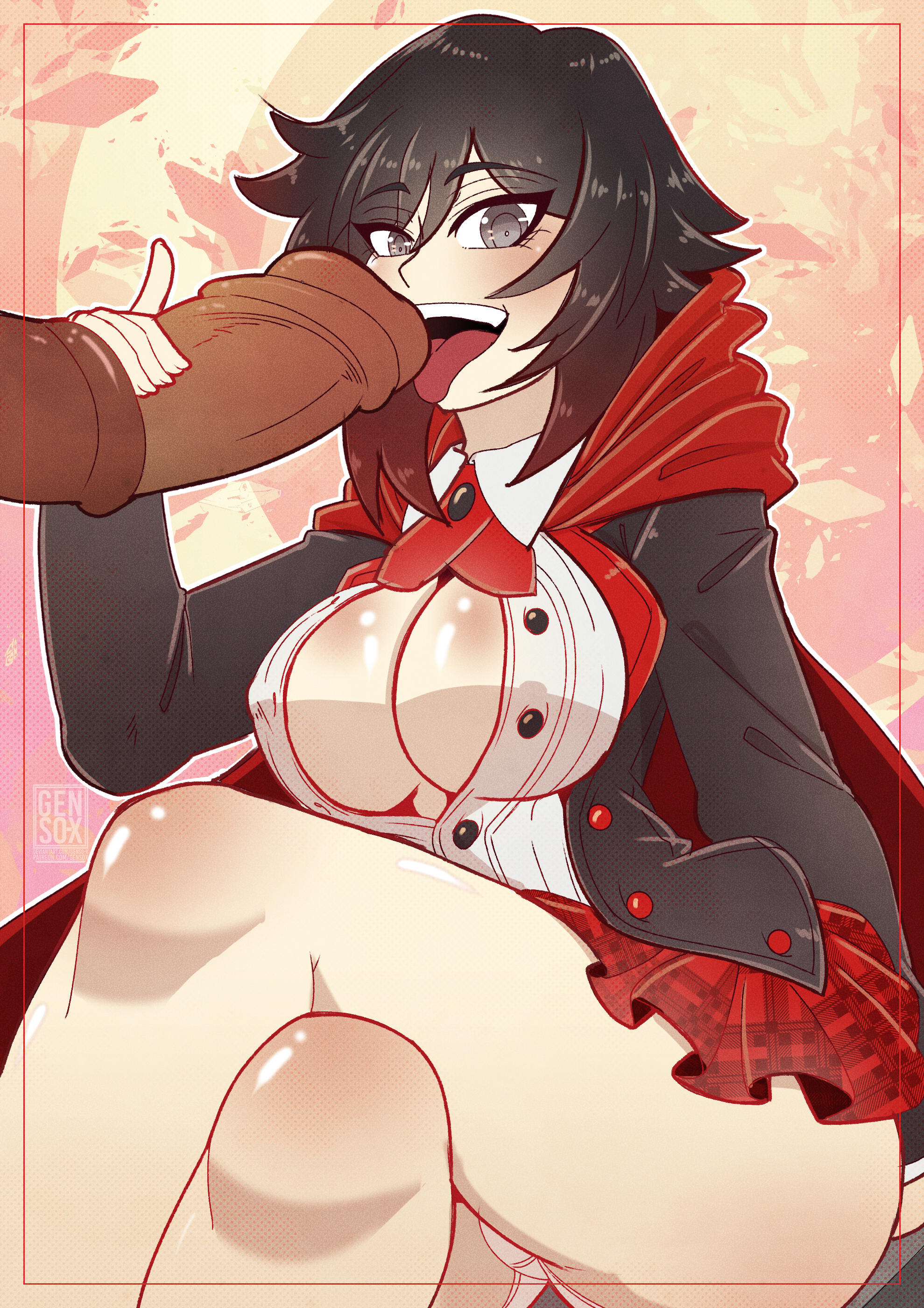 1boy, 1girls, boob window, breasts, cleavage, fellatio, female, gensox, horsecock, human, licking penis, male, nipple bulge, panties, penis, revealing clothes, ruby rose, rwby, school uniform, tagme, unseen male face