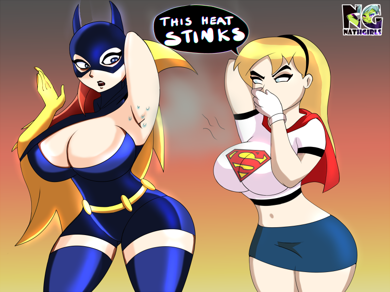 2girls armpits barbara_gordon bare_midriff batgirl batman:_the_animated_series batman_(series) big_breasts blonde_hair breasts cleavage dc dc_comics dcau english_text female female_only fully_clothed holding_nose huge_breasts kara_zor-el midriff midriff_baring_shirt miniskirt nathgirls red_hair skirt smelly smelly_armpits stink_lines stinky supergirl superhero superhero_costume superheroine superman:_the_animated_series superman_(series) sweat sweaty sweaty_armpits text