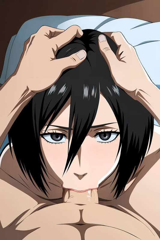 :>=, 1boy, 1girls, abs, ai generated, artist request, attack on titan, beauty mark, bedroom, blowjob, blowjob face, breasts, cum, deepthroat, eye contact, faceless male, fellatio, female, female focus, gaint, head grab, light skin, light-skinned female, male, masculine female, mikasa ackerman, mouth hold, muscular, on bed, oral, pale skin, pale-skinned female, petite, pov, scarf, sex, shingeki no kyojin, short hair, slim, straight hair, teenager, thighs, tight throat