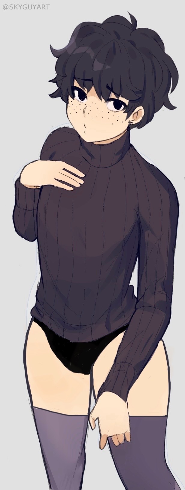 black_eyes black_hair black_panties black_thong clothing color_edit colored cropped edit edited femboy freckles male ms_pigtails panties sky_guy skyguyart solo sweater thick_thighs thighhighs thong topwear turtleneck_sweater underwear