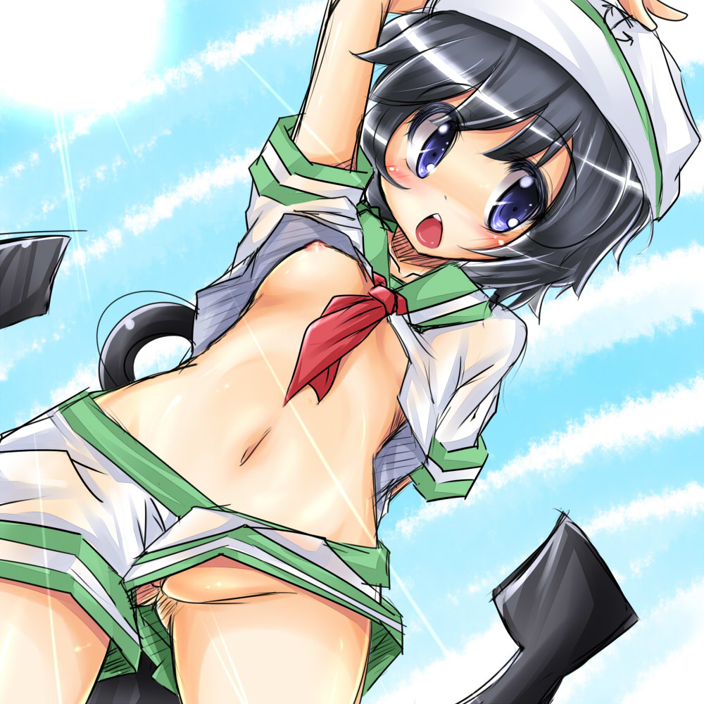 anchor arms_up black_hair blue_eyes blush breasts female from_below hat minamitsu_murasa navel nipples no_bra no_panties pussy pussy_peek sailor sailor_hat sailor_suit shirt_lift short_hair shorts shorts_aside solo tora touhou uncensored