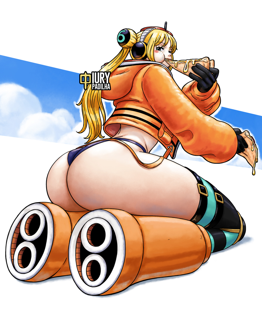 ass big_ass black_gloves blonde_hair dat_ass eating female female_only iury_padilha looking_at_viewer looking_back one_piece one_piece:_egghead_arc orange_clothing purple_panties slim_waist solo thighhighs thong vegapunk_york