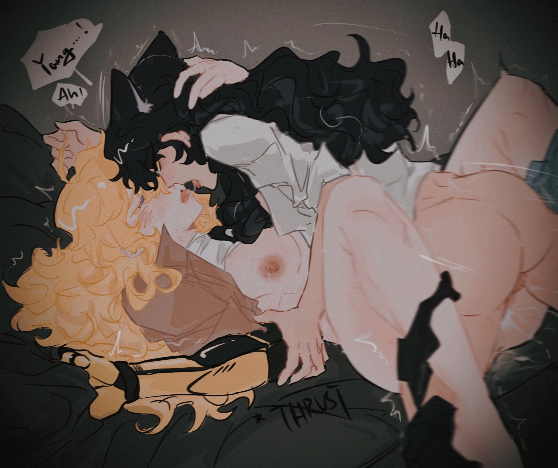 2girls, black hair, blake belladonna, canon couple, cat girl, catgirl, female, moray (artist), morayazure, multiple females, multiple girls, rwby, yang xiao long, yuri
