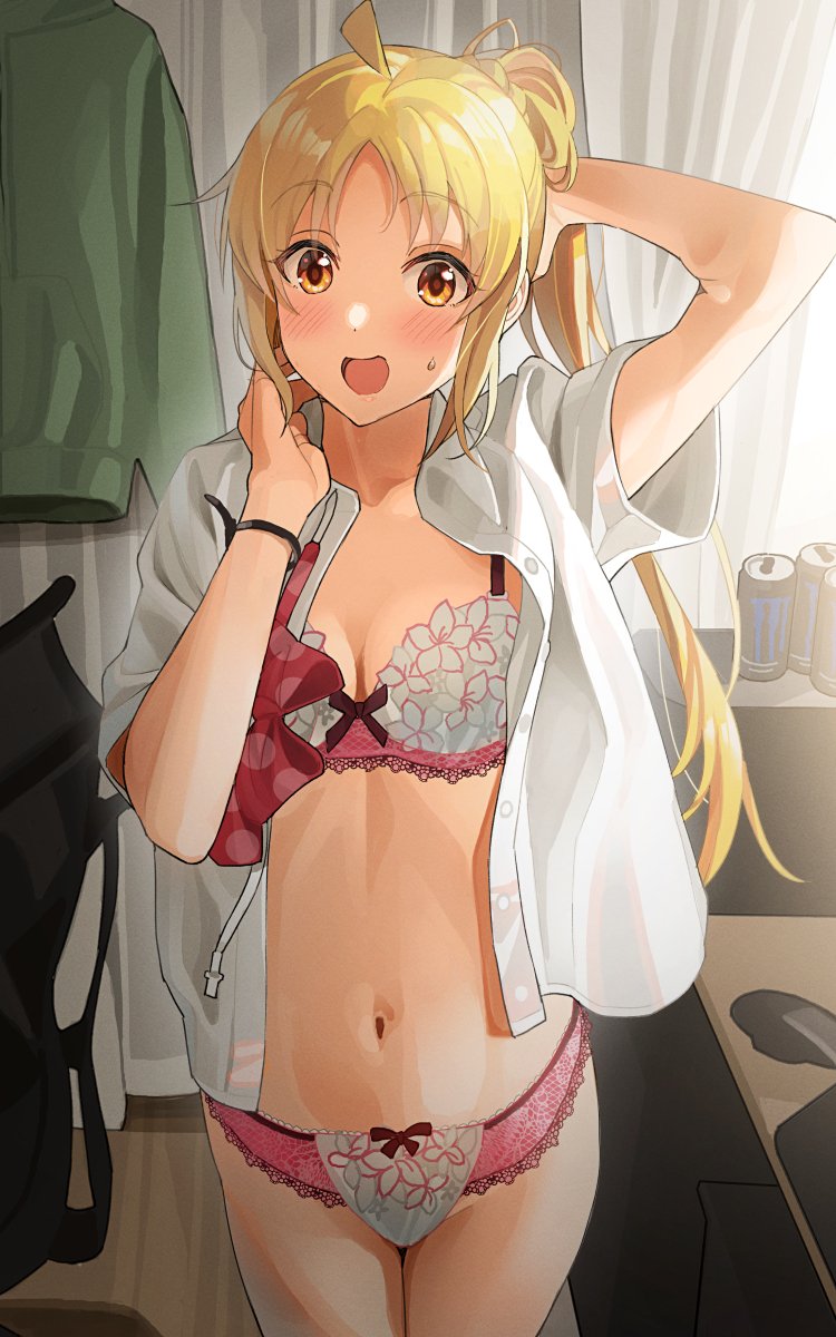 1girls ahoge arm_up blonde_hair blush bocchi_the_rock! bow bow_bra bow_panties bra breasts breasts_apart brown_eyes cable_tie clothes_hanger clothing collarbone curtains detached_ahoge energy_drink female hair_ornament hair_scrunchie hand_in_own_hair hand_up ijichi_nijika indoors legs_together long_hair looking_at_viewer matching_underwear monster_energy navel open_clothes open_mouth open_shirt panties parted_bangs pink_bra pink_panties product_placement scrunchie shirt side_ponytail sidelighting small_breasts solo stomach surprised sweatdrop tipii underwear white_shirt yellow_scrunchie