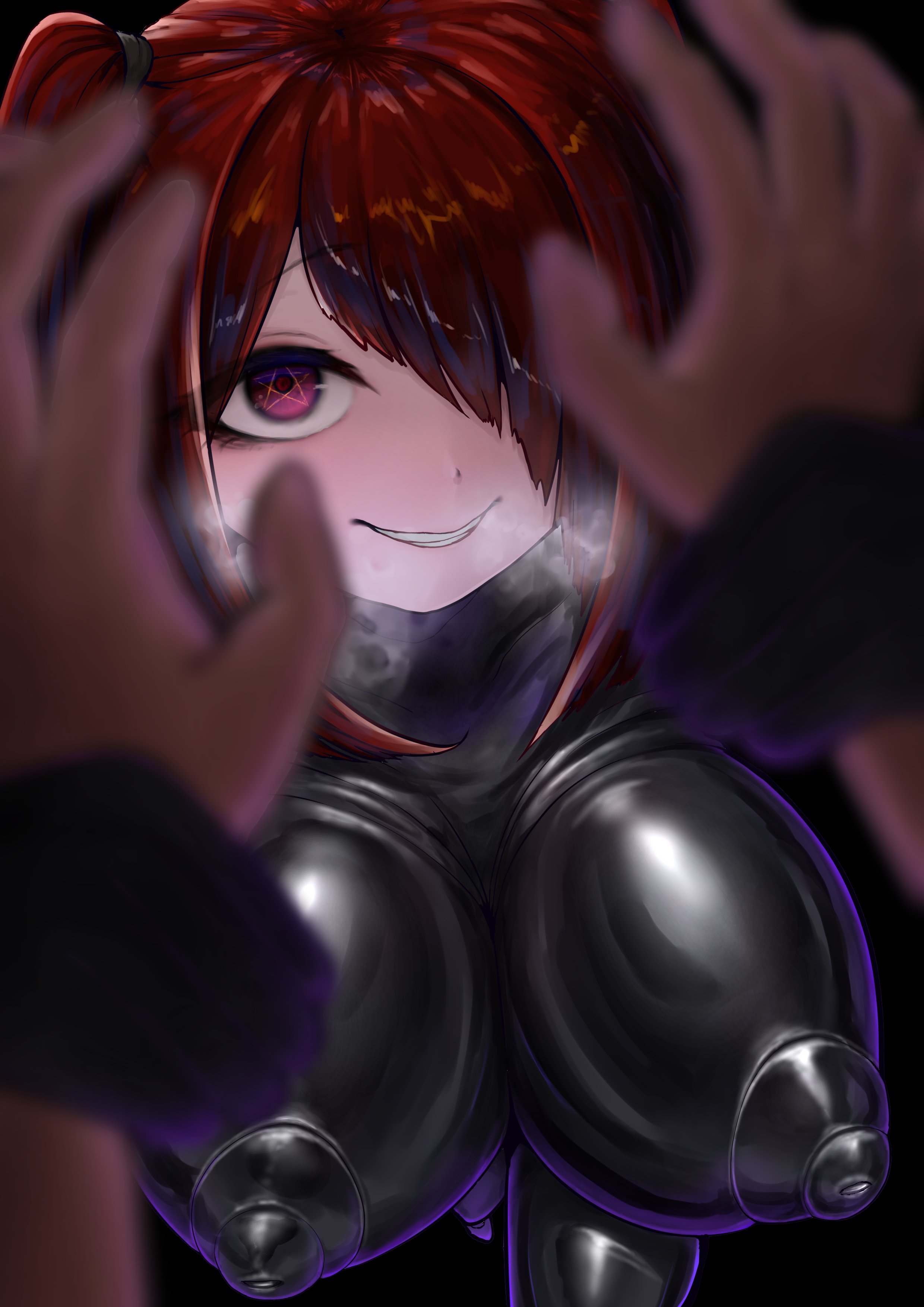 1girls, 2024, anon, arm grab, blush, breasts, color, digital media (artwork), female, femdom, hair ornament, in heat, large breasts, latex, latex bodysuit, light skin, light-skinned female, looking at viewer, original, original character, pentagram, pov, red eyes, red hair, saotome1027, twintails, visible breath, visible nipples, yandere