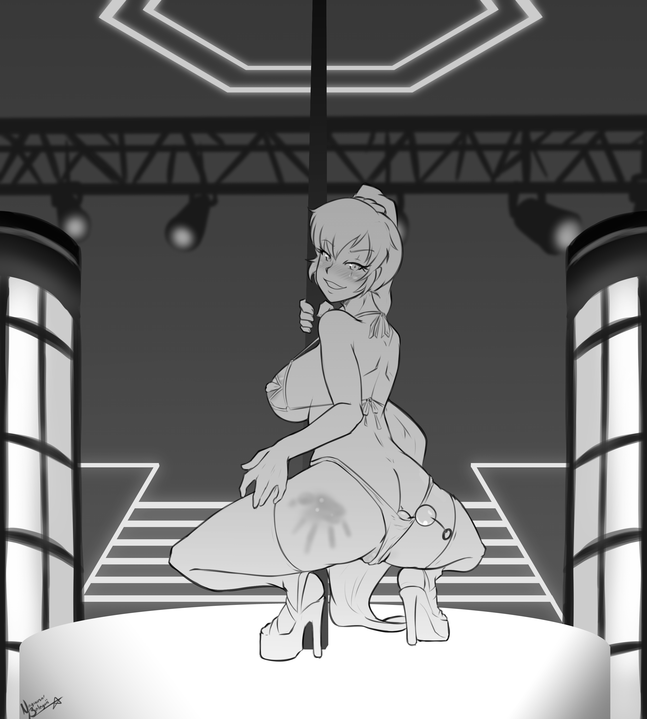 1girls, anal plug, buttplug, female, hand print, heels, high heels, nayaase beleguii, platform heels, rwby, slap mark, stage, stage lights, stripper pole, tagme, weiss schnee
