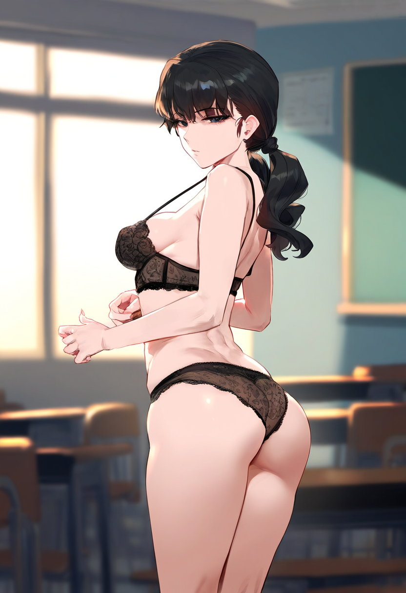 ai_generated chainsaw_man classroom dclp light-skinned_female looking_at_viewer looking_back mitaka_asa pale-skinned_female solo teacher underwear