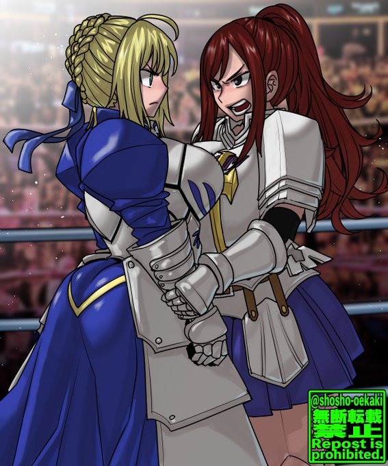 2girls angry_face armor armored_dress armored_female armored_gloves artist_name artoria_pendragon blonde_hair bow crossover curvy_figure erza_scarlet fairy_tail fate/stay_night fate_(series) fully_clothed green_eyes hair_ornament holding_wrist huge_ass metal_plates open_mouth ponytail red_eyes red_hair saber sexfight shosho_oekaki skirt thick_thighs wrestling_ring