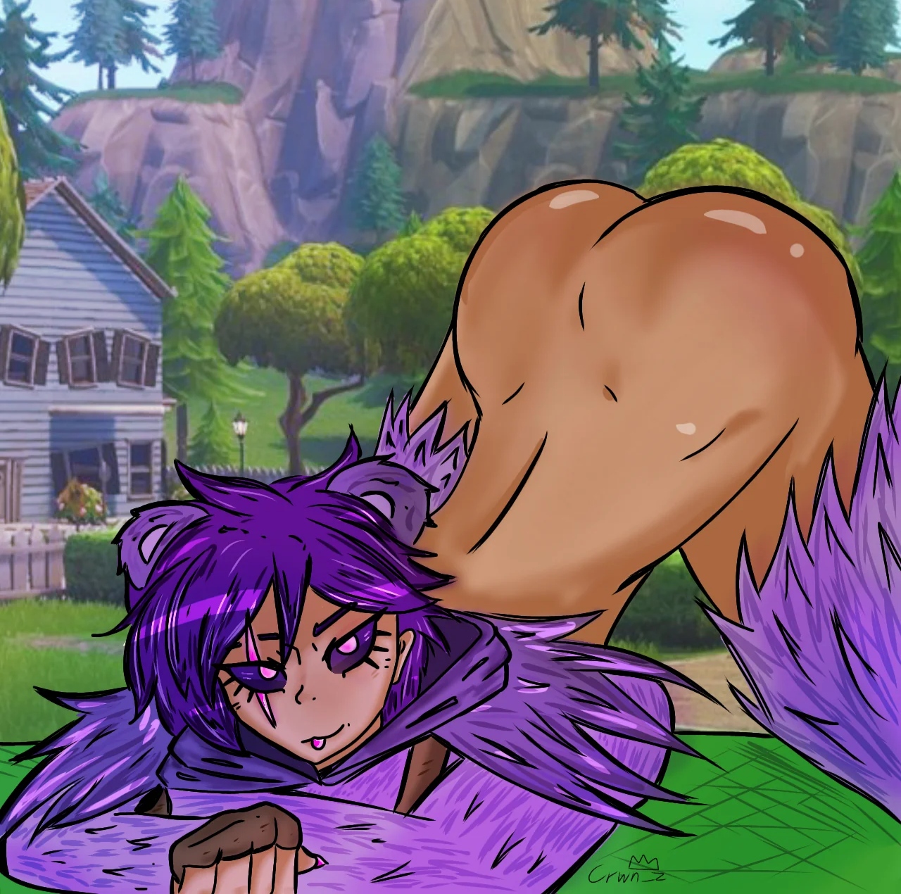1girls, 2024, arched back, ass, ass up, big ass, crownz, dark skin, dark-skinned female, epic games, female, fit, fit female, fortnite, fortnite: battle royale, hoodless raven team leader, jack-o pose, jackochallenge, purple fur, raven team leader, scar, scar across eye, thick ass, thick thighs, tongue, tongue out