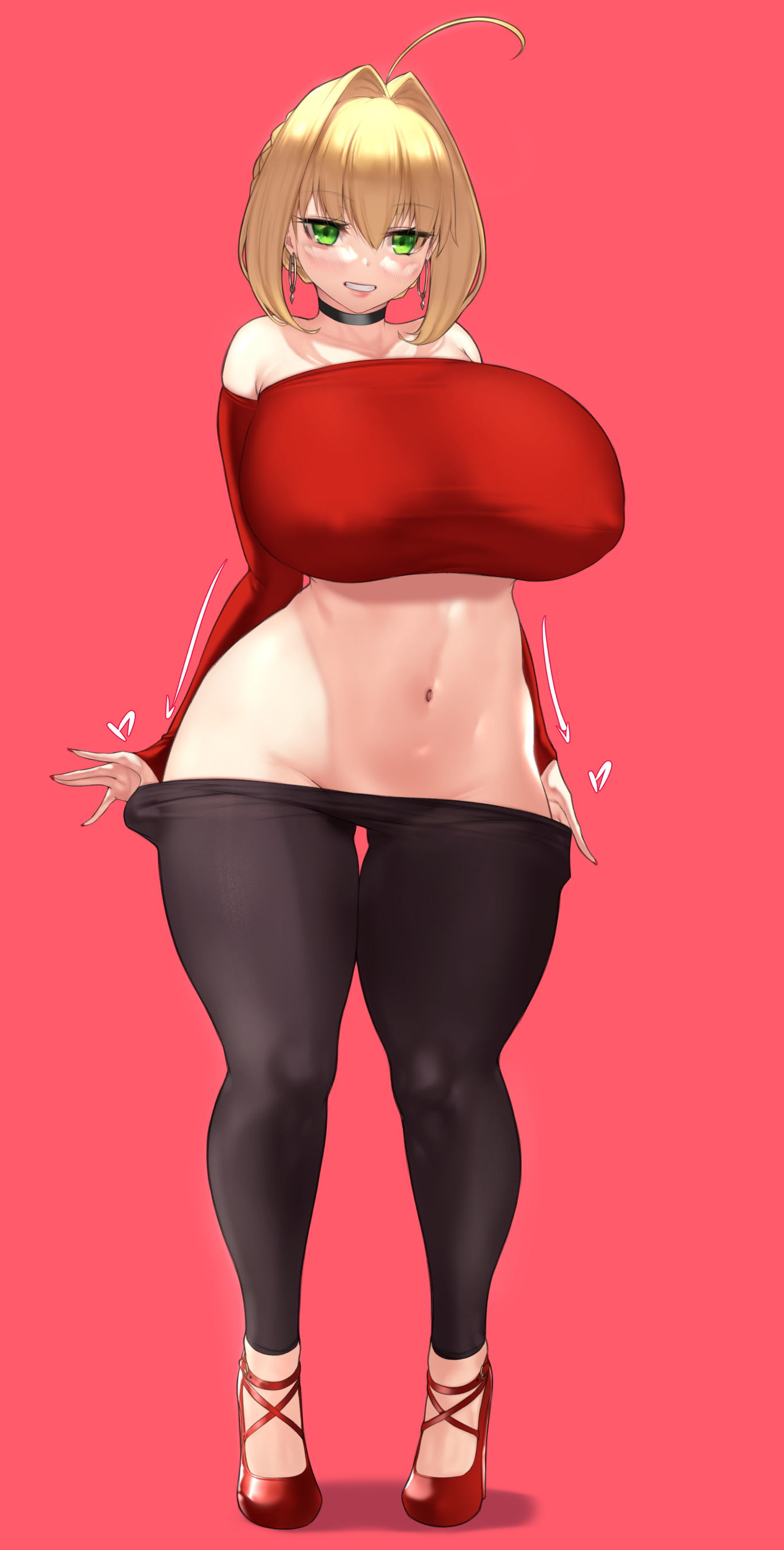 1girls, aster crowley, big breasts, big thighs, blonde hair, blush, breasts, busty, clothing, curvy, earrings, fate (series), fate/grand order, female, full body, green eyes, high heels, huge breasts, huge thighs, large breasts, large thighs, navel, nero claudius (fate), solo, standing, thick thighs, thighs, undressing, voluptuous