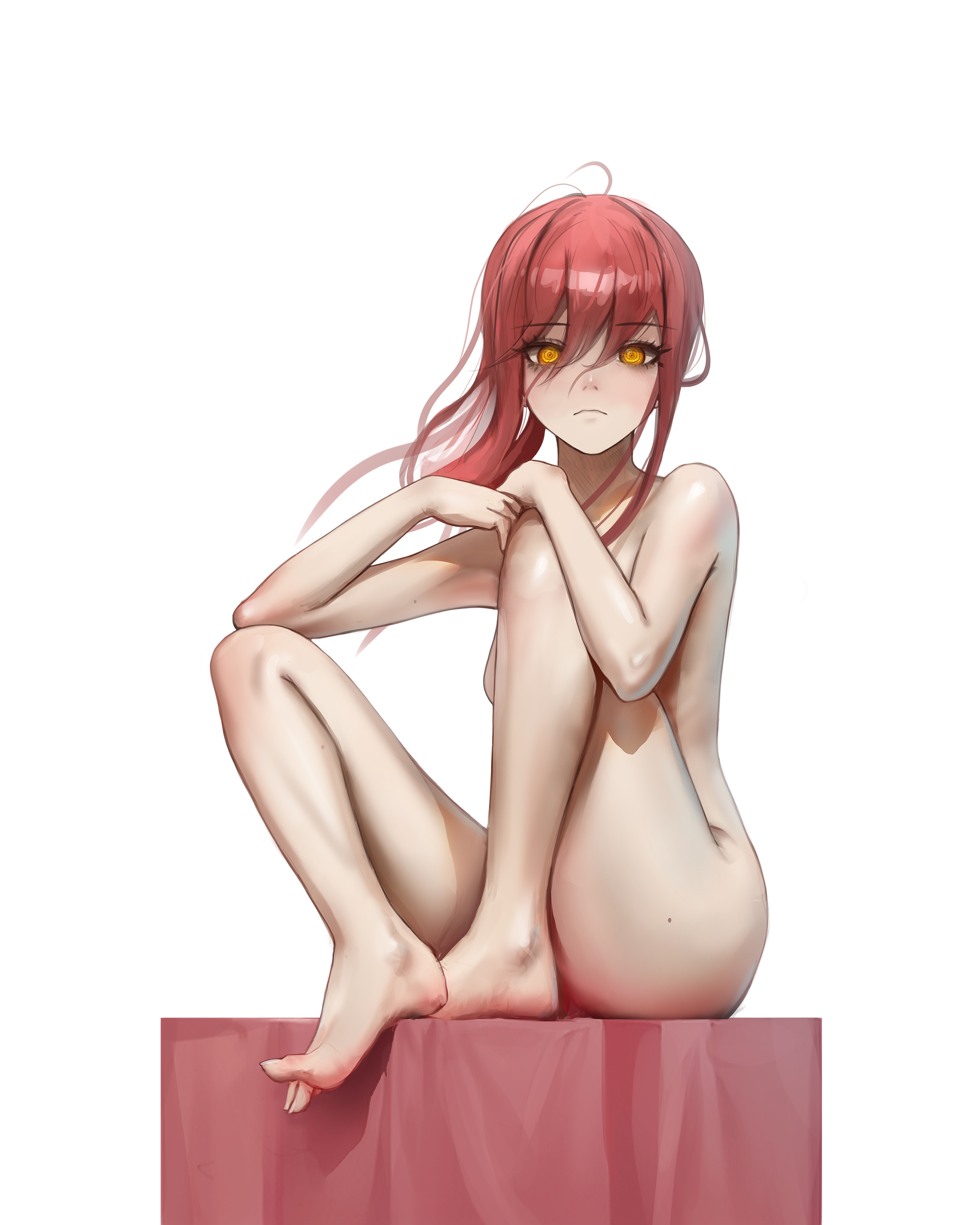 1girls, barefoot, braided ponytail, breasts, chainsaw man, completely naked, completely nude, covering breasts, covering crotch, feet, female, light skin, light-skinned female, looking at viewer, makima (chainsaw man), mawaw, naked, naked female, nude, nude female, red hair, ringed eyes, sitting, solo, solo female, yellow eyes
