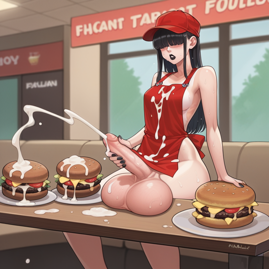 1futa ai_generated apron balls_on_table black_hair black_haired_futa cum cum_on_food futanari hair_covering_eyes hamburger implied_cumsumption large_penis masturbation no_bra no_panties partially_clothed realistic_breast_size realistic_penis_size ruined sitting small_breasted_futa small_breasts solo solo_futa wide_hips