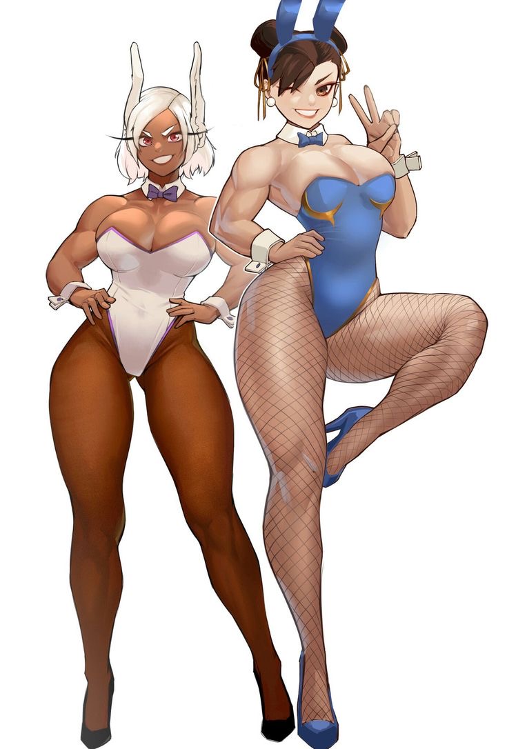 2girls bunny_girl bunnysuit chun-li female female_only fishnets legs mirko miruko multiple_girls my_hero_academia posing rumi_usagiyama street_fighter usagiyama_rumi zukululuu