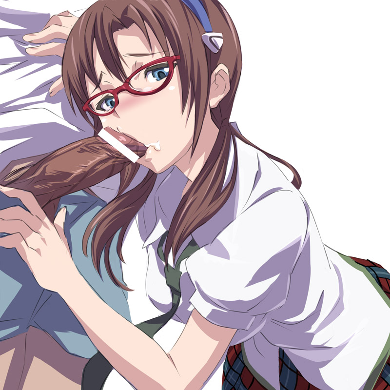 1boy 1girls akira02 akira_(coffee_curry) blue_eyes blush brown_hair censored clothing cum cum_in_mouth dark-skinned_male dark_penis dark_skin facial fellatio female glasses human interracial light-skinned_female light_skin long_hair male mari_illustrious_makinami medium_breasts necktie neon_genesis_evangelion oral penis pointless_censoring rebuild_of_evangelion skirt