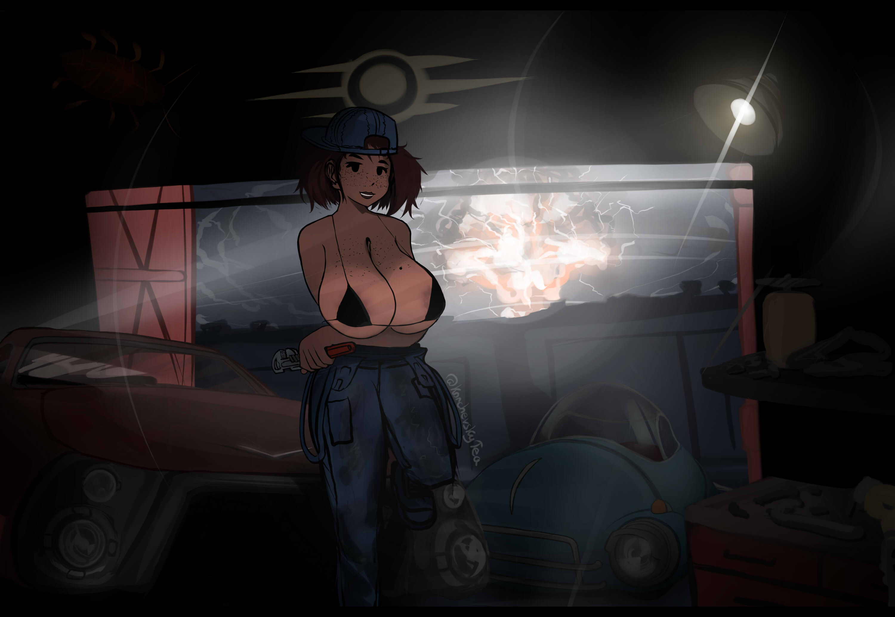 1girls, big breasts, bra, breasts, cap, clothing, dark skin, explosion, fallout, female, freckles, jumpsuit, looking at viewer, mechanic, mob face, sagging breasts, smile, vault girl, wrench