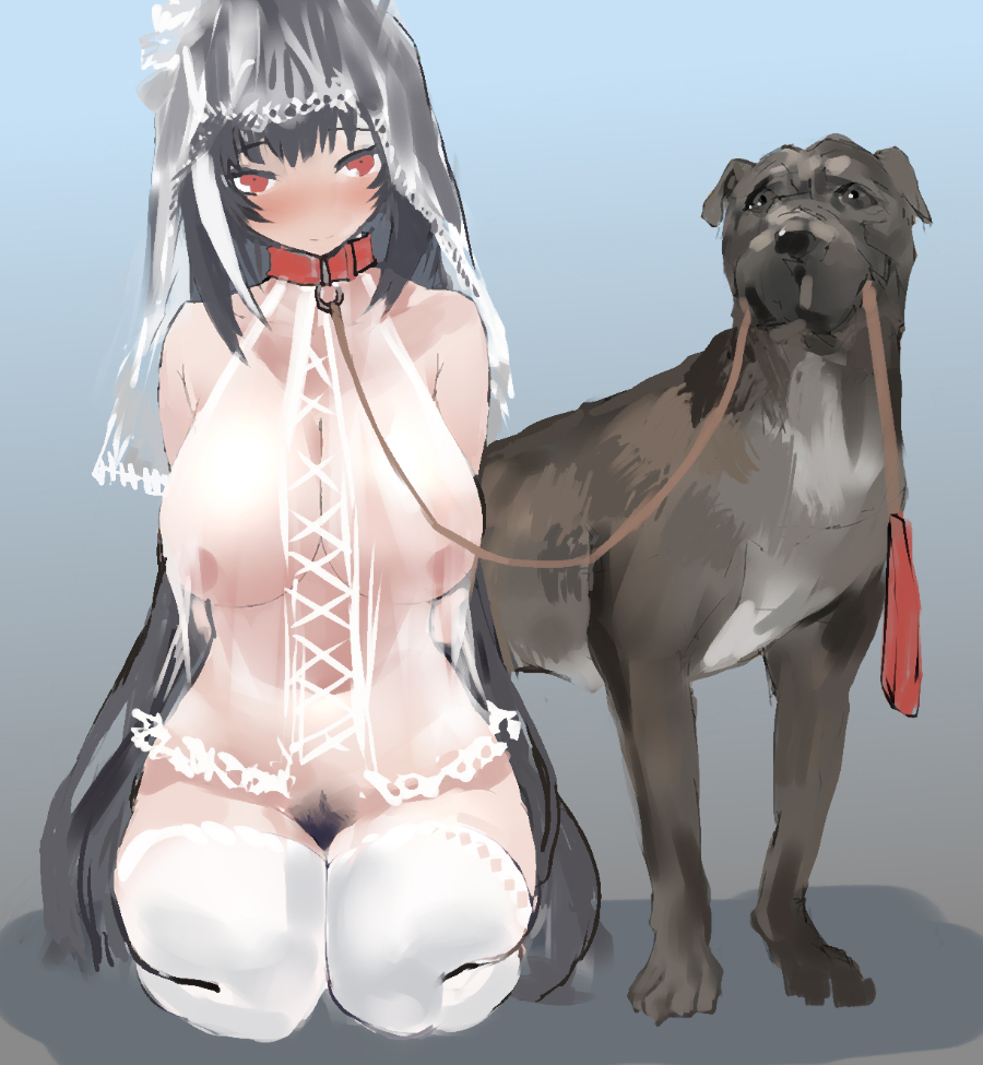 ambiguous_gender animal_holding_leash animal_humanoid bestiality bestiality_marriage big_breasts blush breasts brown_body brown_fur canid canid_humanoid canine canine_humanoid canis clothing collar domestic_dog duo female female_pubic_hair feral fur human_pet human_pet_feral_owner humanoid kneeling leash leashed_collar legwear looking_at_viewer mammal mammal_humanoid married_to_feral polki pubes red_eyes thigh_highs translucent translucent_clothing wolf_humanoid zoophilia