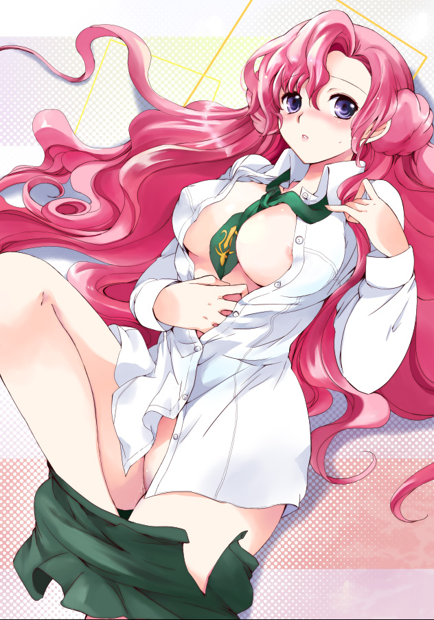 1girls between_breasts blush breasts cleavage code_geass curly_hair euphemia_li_britannia female kurimomo large_breasts long_hair lying necktie necktie_between_breasts nipple_slip nipples no_bra no_panties open_clothes open_shirt pink_hair purple_eyes pussy_juice shirt solo undressing