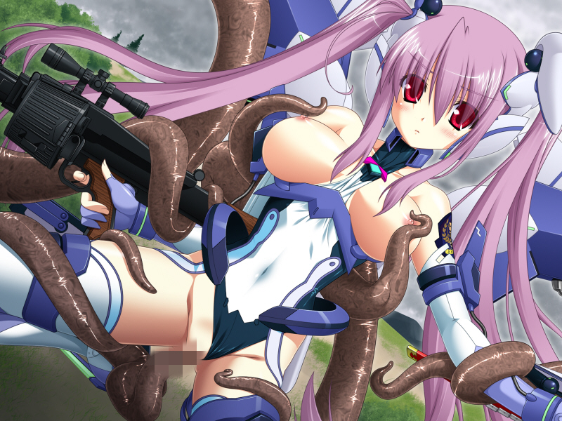 1girls blush breasts censored female gun hair leotard_aside long_hair machine_gun madou_souhei_kleinhasa mecha_musume purple_hair red_eyes rifle rose_lilienthal saitou_natsuki scope tentacle tentacle_on_female thighhighs tied_hair twintails vaginal_penetration weapon