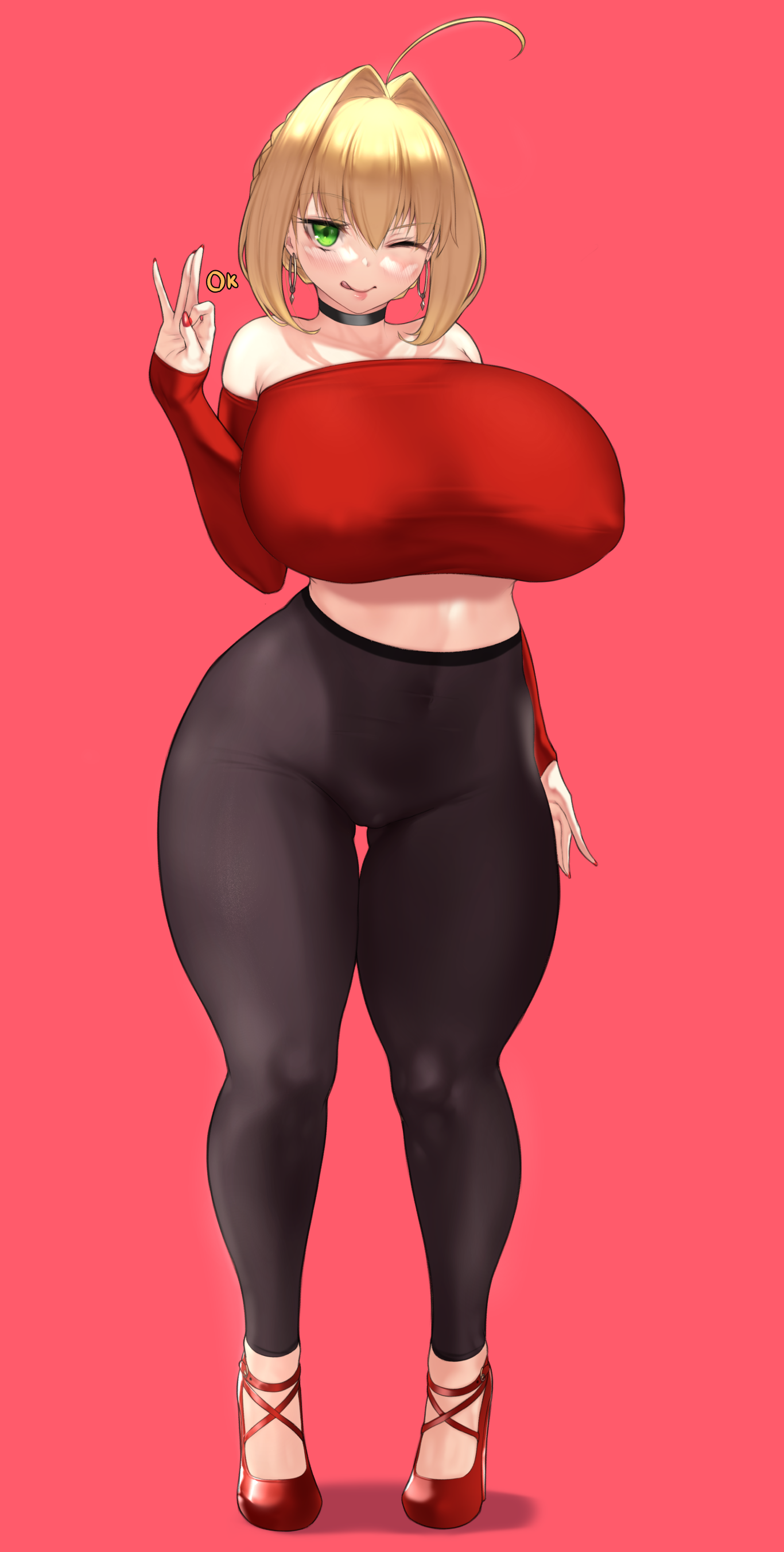 1girls, aster crowley, big breasts, big thighs, blonde hair, blush, breasts, busty, clothing, curvy, earrings, fate (series), fate/grand order, female, full body, green eyes, high heels, huge breasts, huge thighs, large breasts, large thighs, nero claudius (fate), solo, standing, thick thighs, thighs, voluptuous