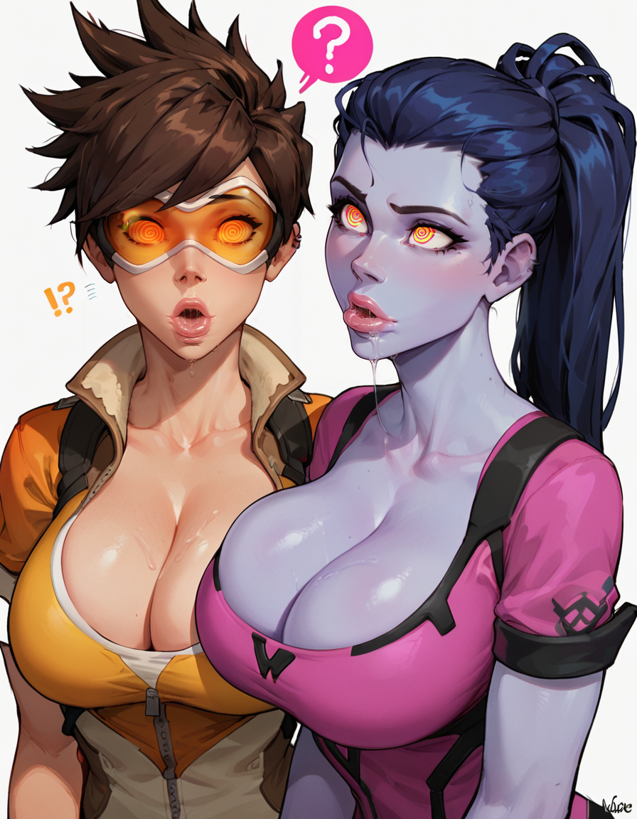 ai_generated big_breasts cleavage drooling hypnosis mind_control orange-tinted_eyewear overwatch overwatch_2 spiral_eyes thick_lips tinted_eyewear tracer widowmaker wormyyy