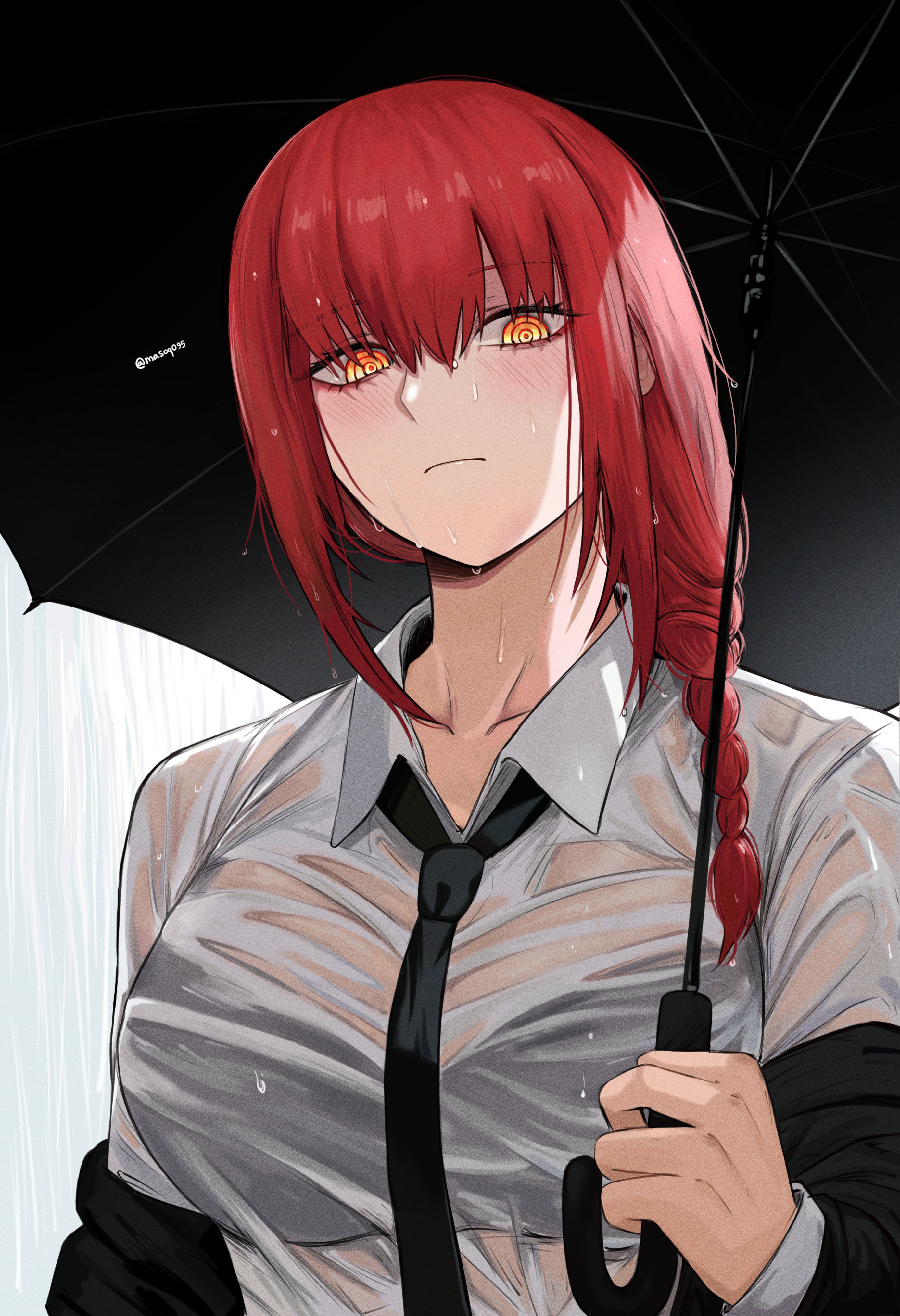1girls, big breasts, blush, bra visible through clothes, braid, braided ponytail, breasts, busty, chainsaw man, clothed, female, female only, glowing eyes, hi res, highres, huge breasts, large breasts, looking at viewer, makima (chainsaw man), masoq095, rain, raining, red hair, sidelocks, spiral eyes, tagme, towel, umbrella, wet clothes, wet skin, yellow eyes
