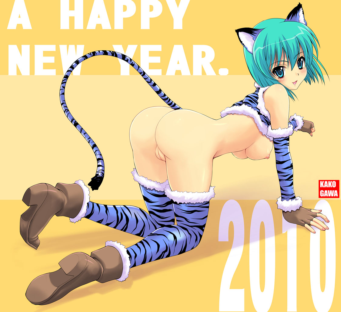 animal_ears ankle_boots aqua_eyes aqua_hair arm_warmers blush boots breasts cat_pose crop_top female fingerless_gloves footwear gloves innie_pussy kakogawa_tarou legs new_year nipples original paw_pose print_legwear print_thighhighs pussy shirt_lift solo straight_hair tail thighhighs tiger_ears tiger_print tiger_tail uncensored