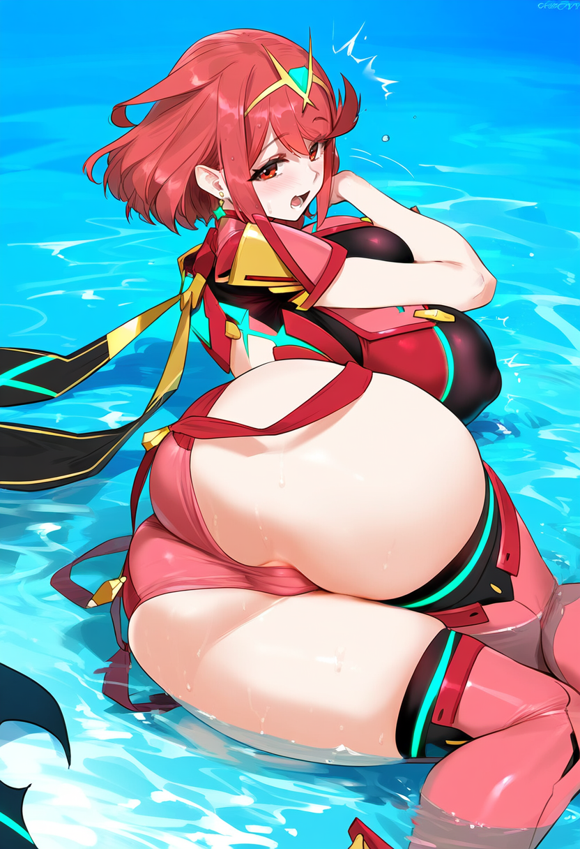 1girls, 2024, ai generated, ass, bare arms, bare legs, bare shoulders, bare thighs, big ass, big breasts, big butt, blush, boxcancel, breasts, busty, female, hi res, large breasts, light skin, light-skinned female, nintendo, pyra, pyra (xenoblade), rear view, red eyes, red hair, short hair, thick thighs, water, xenoblade (series), xenoblade chronicles 2