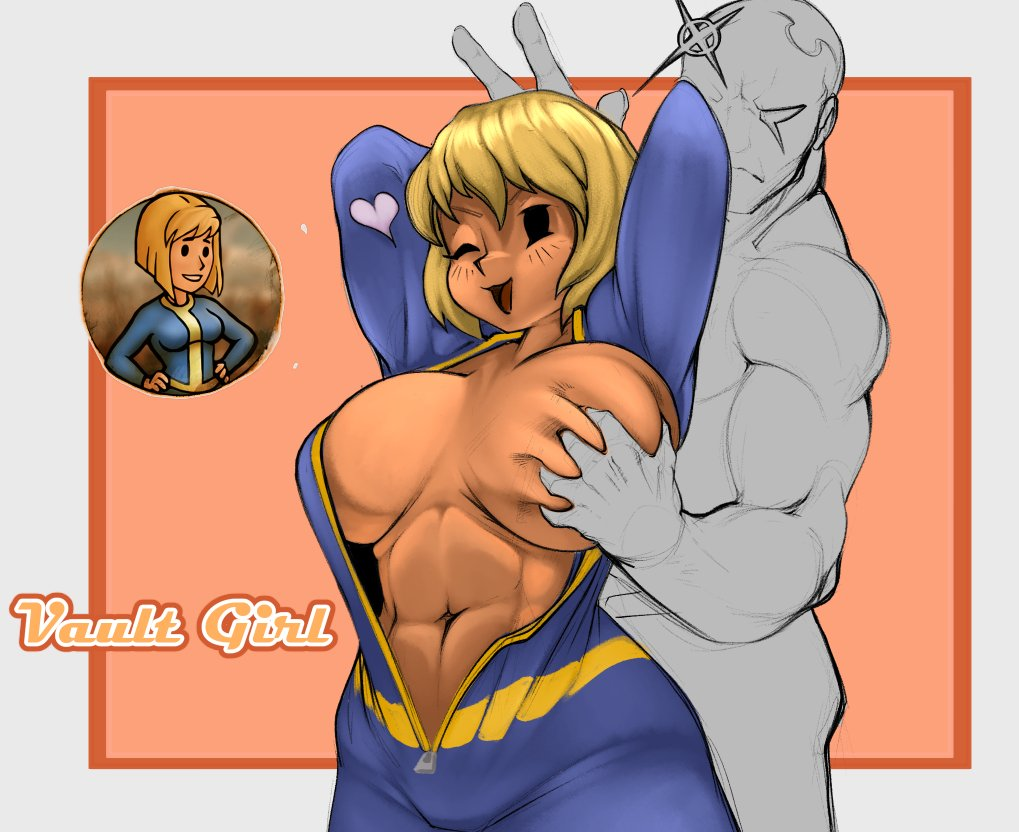 1boy, 1girls, blonde hair, breast grab, breast grab from behind, breasts, clothing, exposed breasts, fallout, female, groping, groping breasts, jumpsuit, male, mob face, open clothes, peace sign, short hair, smile, vault girl, vault suit