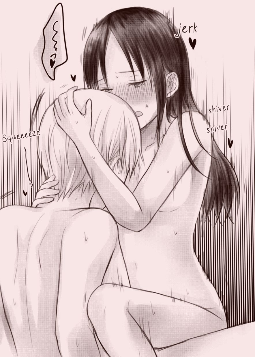 1boy, 1girls, black hair, blush, blushing profusely, breasts, canon couple, completely nude, cowgirl position, ear blush, embrace, english text, female, female penetrated, full-face blush, greyscale, hand on another's head, heart, holding partner, implied penetration, kaguya-sama wa kokurasetai ~tensai-tachi no renai zunousen~, kuzuru, long hair, looking at partner, male, male penetrating, male penetrating female, monochrome, nude, romantic, romantic couple, shinomiya kaguya, shirogane miyuki, short hair, small breasts, sound effects, speech bubble, sweat, translated, unseen male face, wholesome