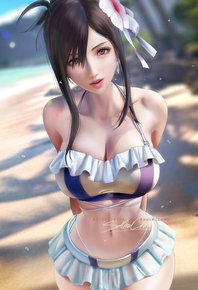 1girls, ass, big ass, big breasts, breasts, bust, busty, chest, curvaceous, curvy, curvy figure, dark hair, digital media (artwork), female, female focus, final fantasy, final fantasy vii, final fantasy vii rebirth, final fantasy vii remake, hips, hourglass figure, huge ass, huge breasts, human, large ass, large breasts, legs, light skin, light-skinned female, mature, mature female, red eyes, sakimichan, square enix, swimsuit, thick, thick hips, thick legs, thick thighs, thighs, tifa lockhart, tifa lockhart (shining spirit), voluptuous, waist, wide hips