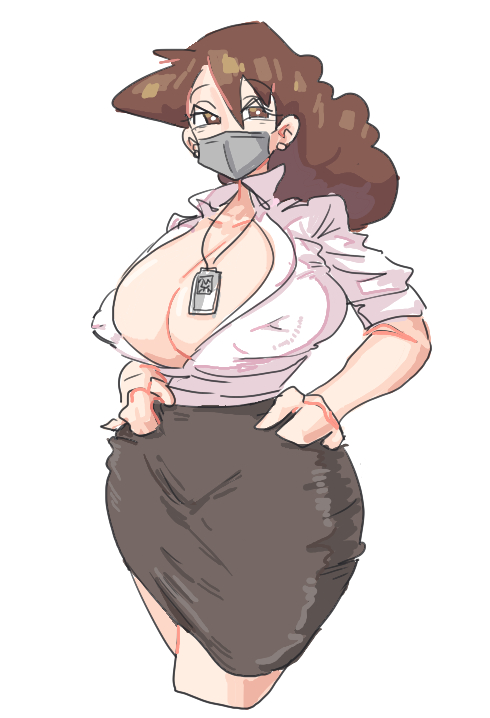 1girls black_skirt breasts brown_eyes brown_hair brunette_hair cleavage collared_shirt crayon_shin-chan earrings face_mask facemask female fluffy fluffy_hair hair_between_eyes hands_on_hips lanyard large_breasts leebongchun mask masked masked_female mature mature_female milf misae_nohara nipple_bulge nipples nipples_visible_through_clothing office_lady ol pearl_earrings skirt solo tight_skirt white_collared_shirt white_shirt