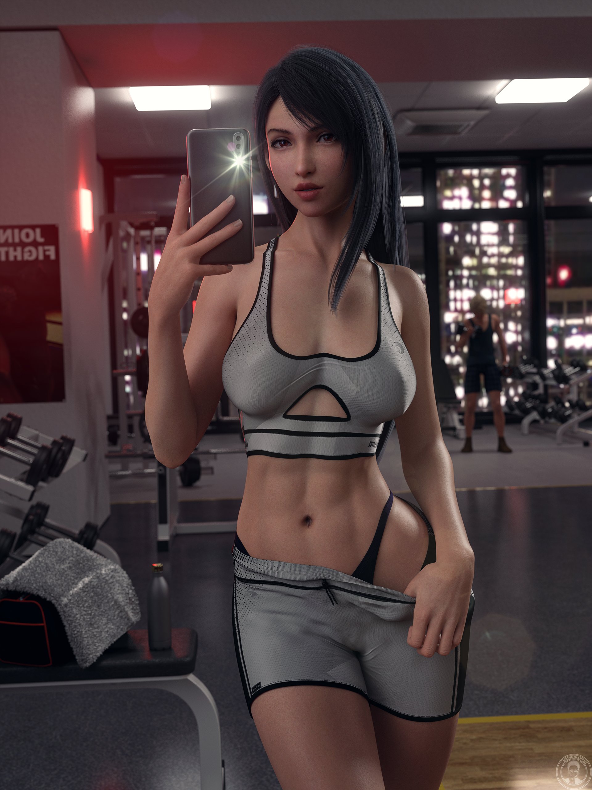 1boy, 1girls, 3d, abs, alternate version available, athletic, athletic female, background character, big breasts, big hips, black hair, breasts, camera flash, cowboy shot, detailed background, earrings, eyeshadow, female, female focus, final fantasy, final fantasy vii, final fantasy vii remake, greengiant3d, gym, high waisted thong, high-waisted thong, holding phone, light makeup, lipstick, long eyelashes, long hair, looking at viewer, male, navel, public, pulling down pants, pulling pants down, red eyes, selfie, solo focus, sports bra, sports shorts, thighs, tifa lockhart, very long hair, workout clothes