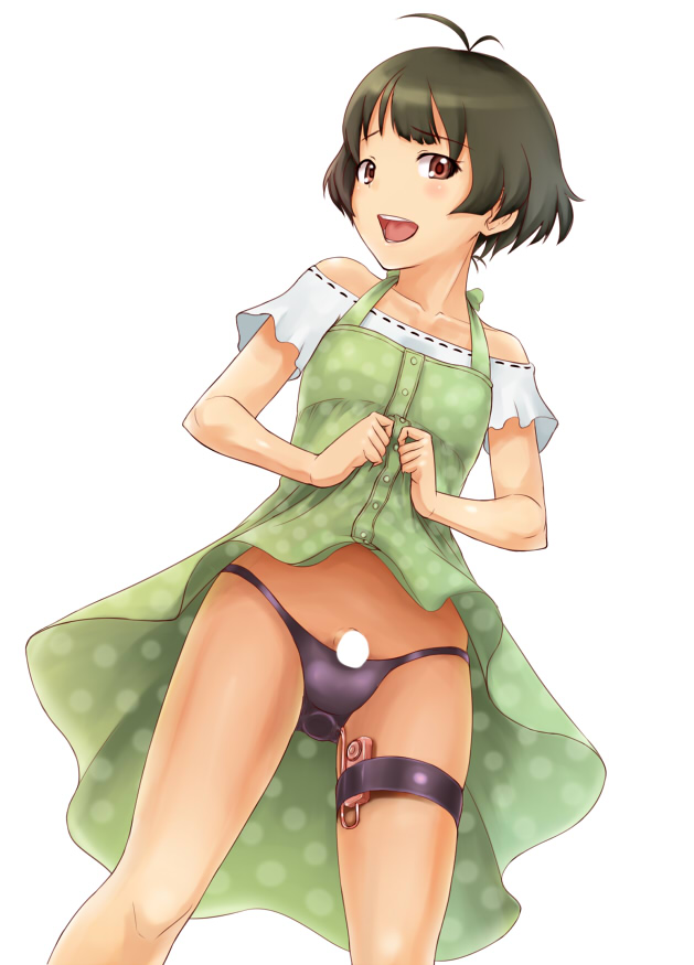 akizuki_ryou anal antenna_hair bare_shoulders black_panties blush brown_eyes brown_hair censored color crossdressing femboy human human_only idolmaster idolmaster_dearly_stars insertion male male_only miyuuhodoh myu-po open_mouth panties penis ryou_akizuki short_hair skirt skirt_lift smile solo underwear vibrator