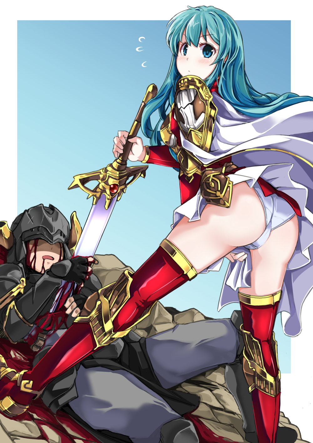 1boy 1girls aqua_hair armor ass blood blood_on_clothes blood_on_face blue_eyes blush boots cape commentary_request commission death eirika_(fire_emblem) eruichi_(redphantom) female female fire_emblem fire_emblem:_the_sacred_stones flying_sweatdrops highres large_ass long_hair looking_at_viewer looking_back miniskirt nintendo panties pants red_footwear red_thighhighs shoulder_armor simple_background skeb_commission skirt stone_floor thigh_boots thighhighs underwear upskirt white_cape white_panties