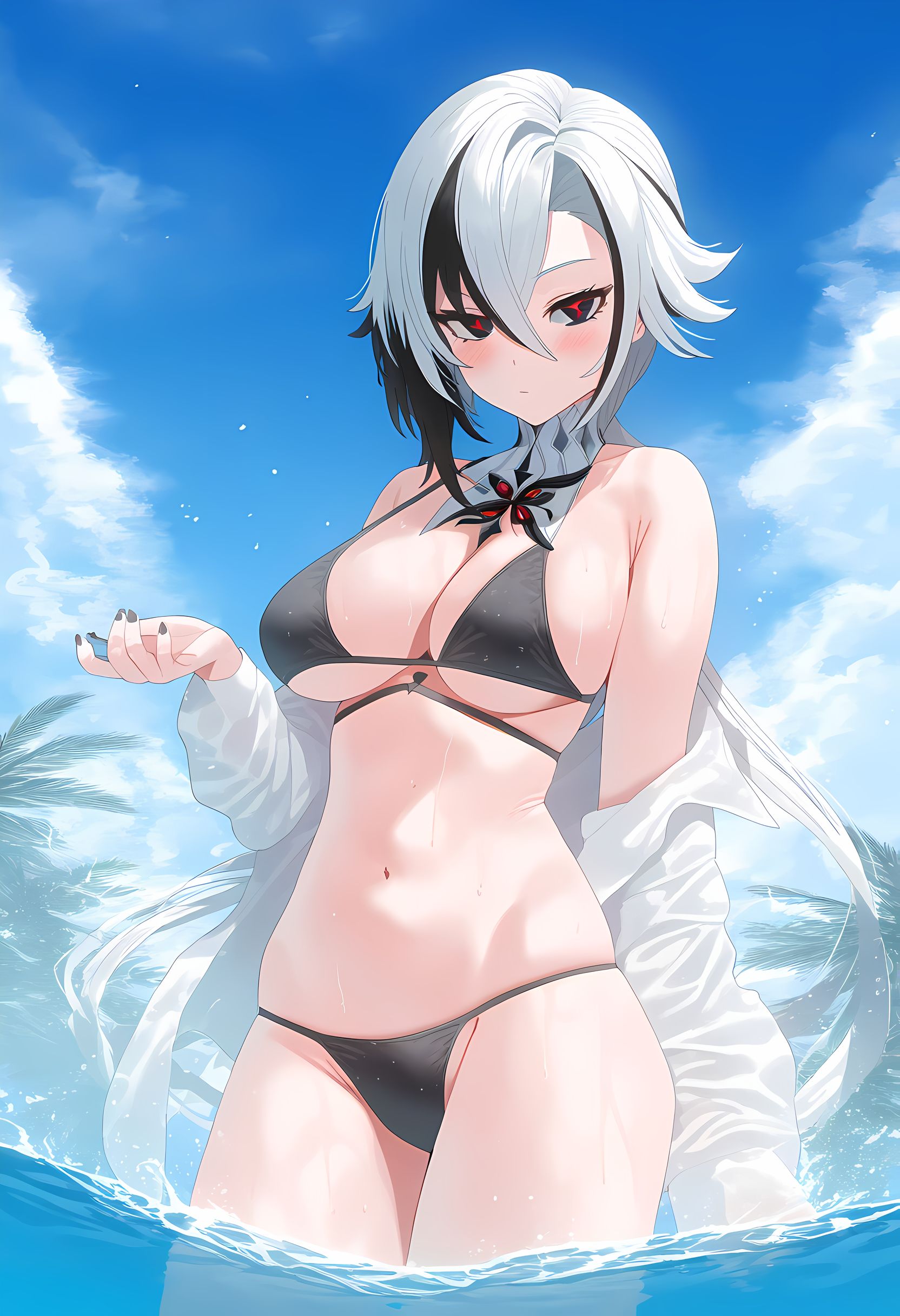 1girls, ai generated, arlecchino (genshin impact), ass, bikini, black bikini, breasts, female, genshin impact, large ass, large breasts, mimi ai, stable diffusion, thighs, white hair