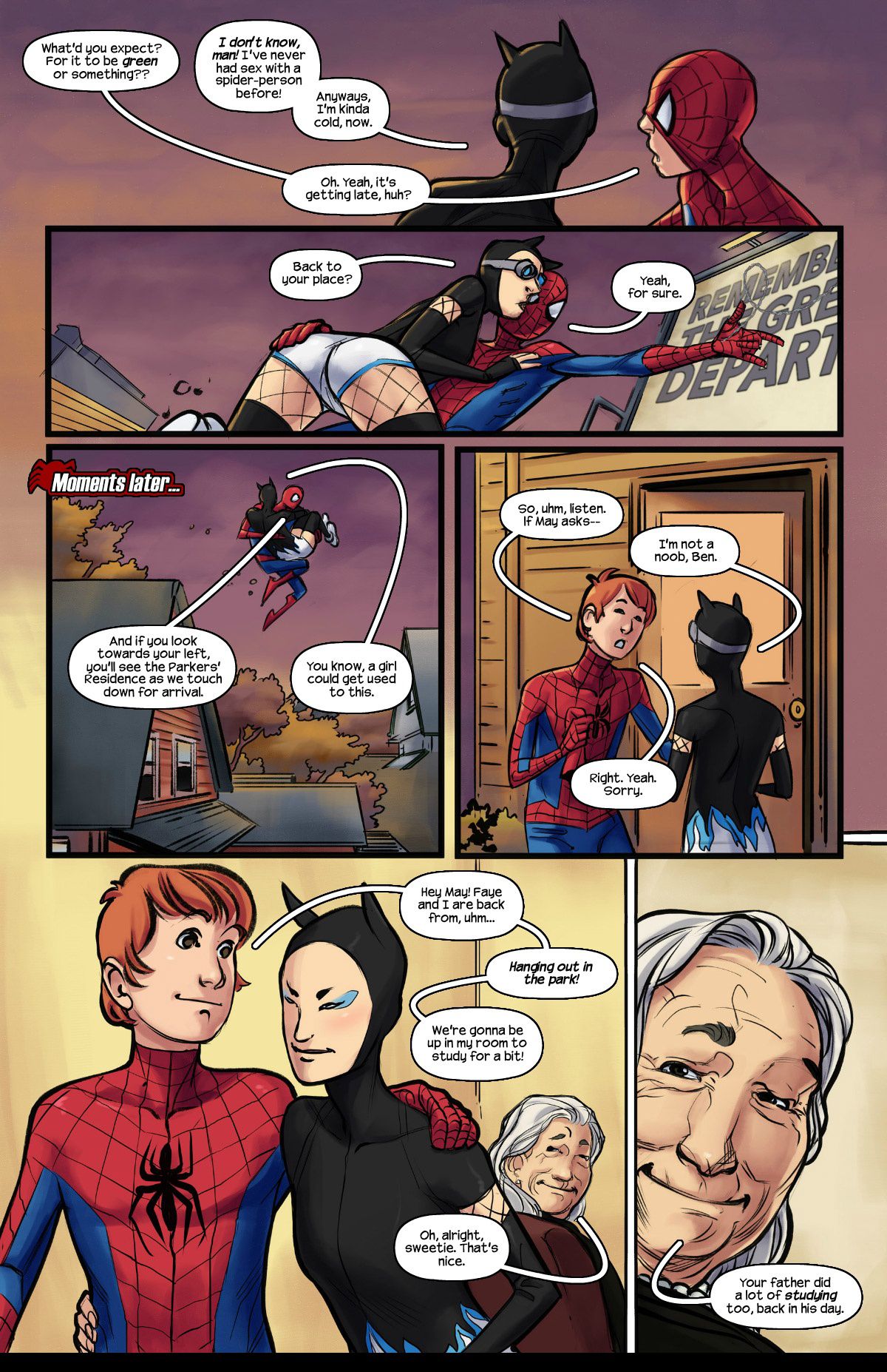 bayushi ben_parker benjy_parker faye_ito female fishnets marvel marvel_comics may_parker spider-man spider-man_(series) text text_bubble tracyscops